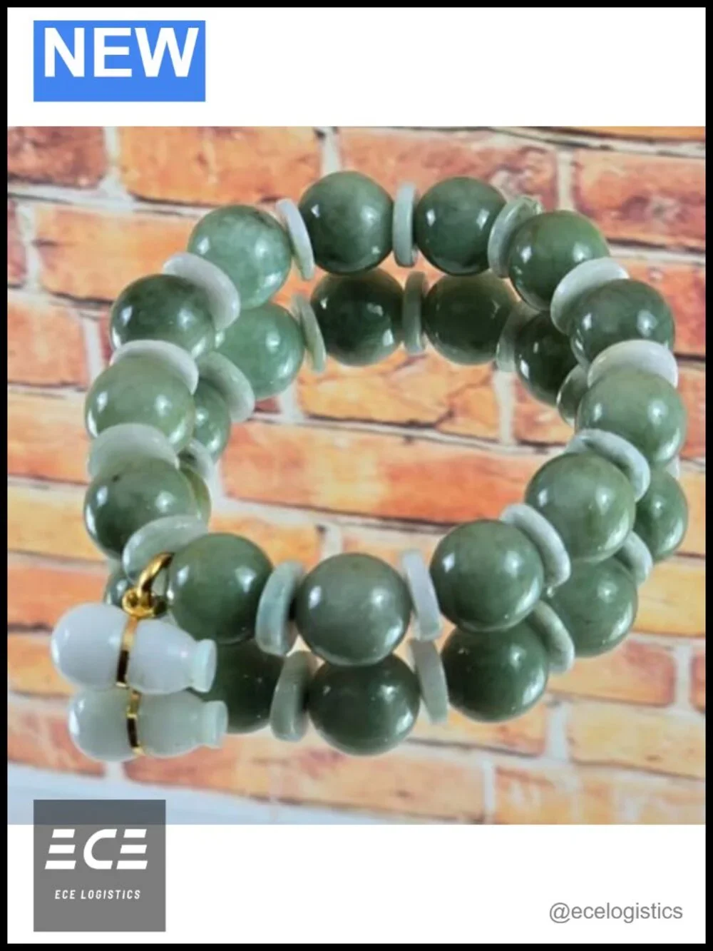 Green Jade Beaded Stretch Bracelet White Gourd Charm Feng Shui